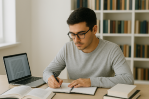 Estudiante tomando apuntes y consultando laptop para aplicar normas APA en contraportada